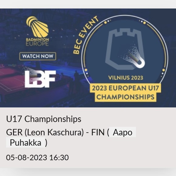 GER (Leon Kaschura) - FIN (Aapo Puhakka)
Men’s Singles (U17)